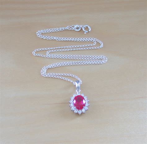 925 Ruby Lab Created Oval Pendant And 18 Silver Chainruby Jewellery
