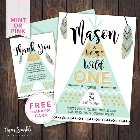 Wild One Teepee Glitter Effect First Birthday Digital Invitation 5x7 Fully Customisable