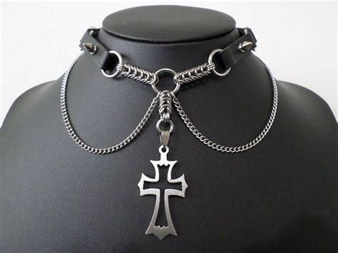 Studded Faux Leather Gothic Cross Choker Stainless Steel Chainmail