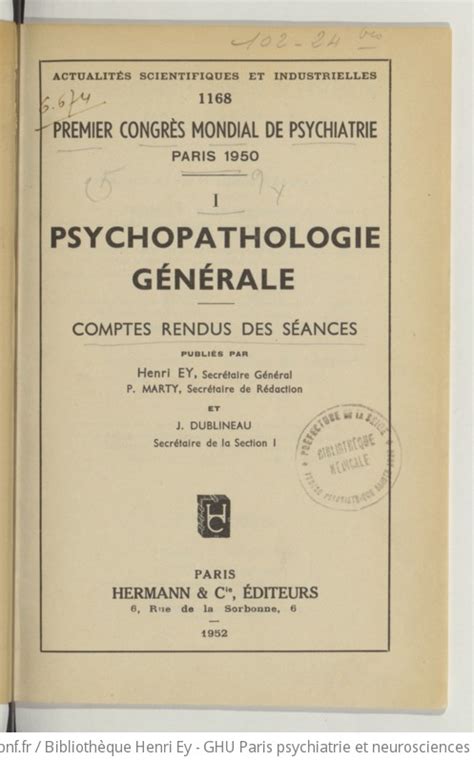 Premier Congrès mondial de psychiatrie Paris 1950 comptes rendus