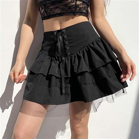 Women S Skirt Sweet High Waist Lace Up Stitching Tulle Skirt Summer Street Style Lady Mini