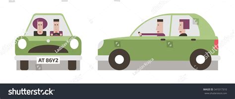Green Car Front And Side Driver And Passenger Flat Design Vector