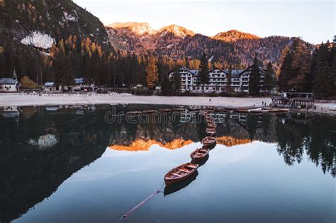 Lago Di Braies Pragser Wildsee Drone Autumn Fall Italy Boats And