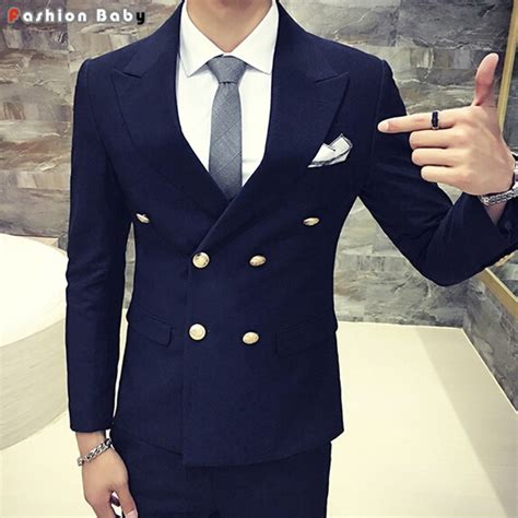 Mens Double Breasted Dress Casual Blazer Slim Fit 2016 Fashion Golden