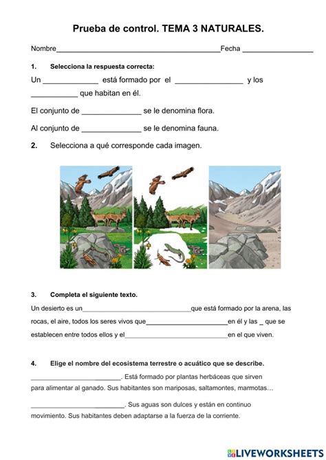 Ejercicio de Examen tema naturales º primaria Ciencias de la naturaleza Ecosistemas