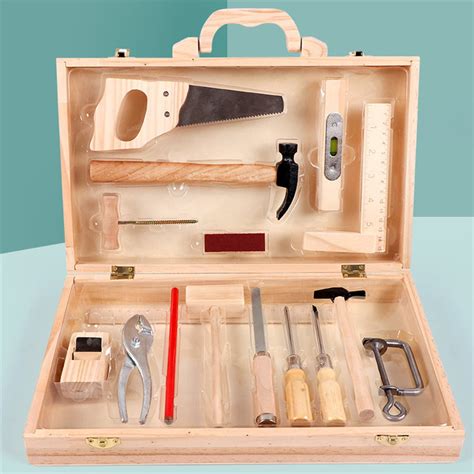 Wooden Tool Set For Kids 16 Piece Wooden Tool Box Building Toy Set
