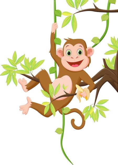 Mono Lindo Colgando De Un árbol Y Sosteniendo Plátano Vector Premium