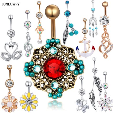 Junlowpy Woman Sexy Dangle Belly Bars Piercing Navel Rings Fashion Crystal Body Jewelry Navel