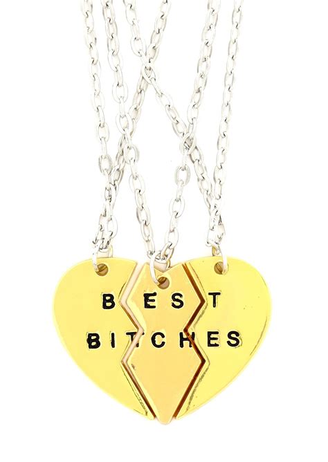 Best Bitches Heart Necklace 3 Pc Set Gold Tone Split Bff Best Friends Three Piece