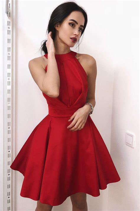 Buy Fit And Flare High Neck Satin Red Short Homecoming Party Dress