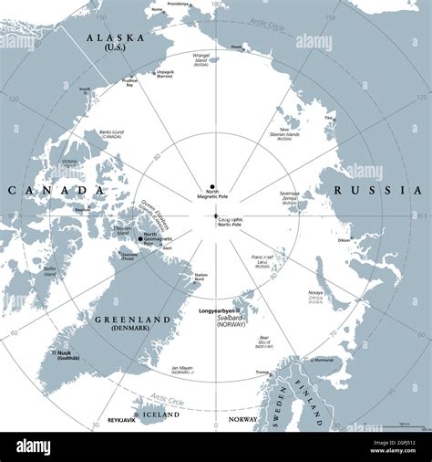 Arctic Region Polar Region Around North Pole Gray Political Map Stock