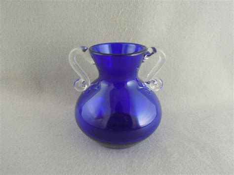 Vintage Cobalt Blue Art Glass Vase Applied Clear Handles