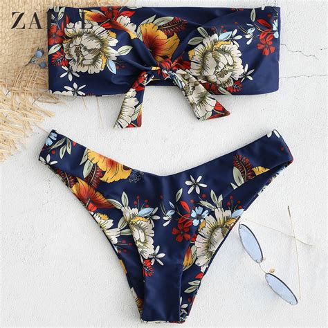 Zaful Knot Floral Bandeau Bikini Set Women Mid Waist Swimsuit Sexy