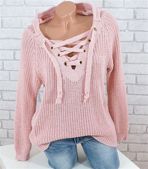 damen strick pullover mit v neck schnürung und kapuze fashion style shopping blogger rosa