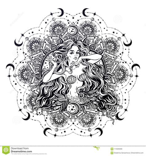 Mermaid Girl With Mandala Frame Moon Stock Vector Illustration Of