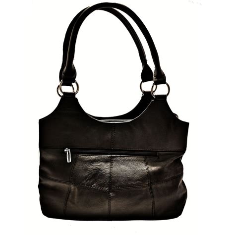 Genuine Leather 3 Compartments Ladies Handbag Black