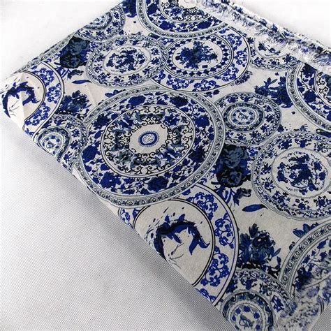 Chinese Style Blue And White Porcelain Koi Linen Printed Fabrics