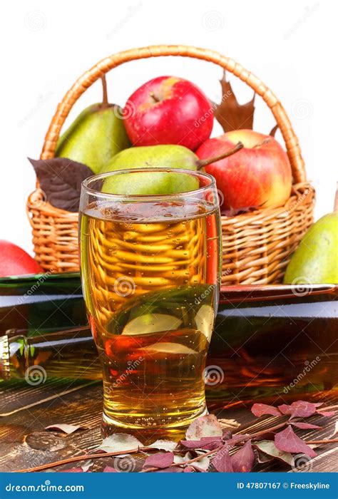 Glass And Bottles Of Cider Fruits Basket Stock Image Image Of Cold