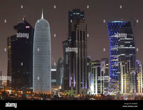 Night Scene Skyline Of Doha With Al Bidda Tower World Trade Center