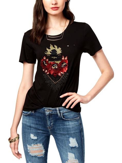 GUESS Guess Womens Distressed Short Sleeves Graphic T Shirt Black L Walmart Com Walmart Com