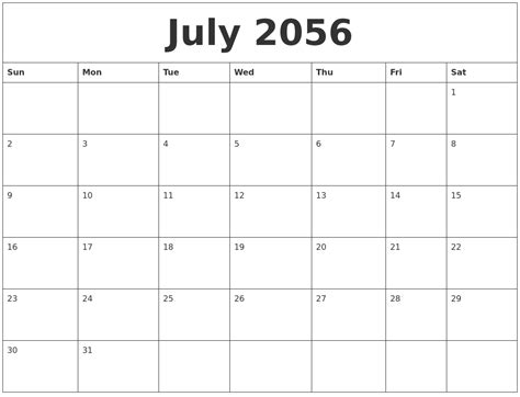 July 2056 Free Printable Monthly Calendar