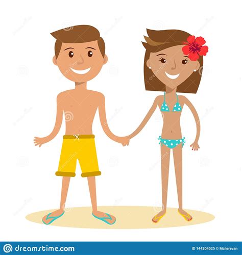 Flat Couple In Swimsuits Holding Hands On White Vector Illustration Vacation Concept Stock