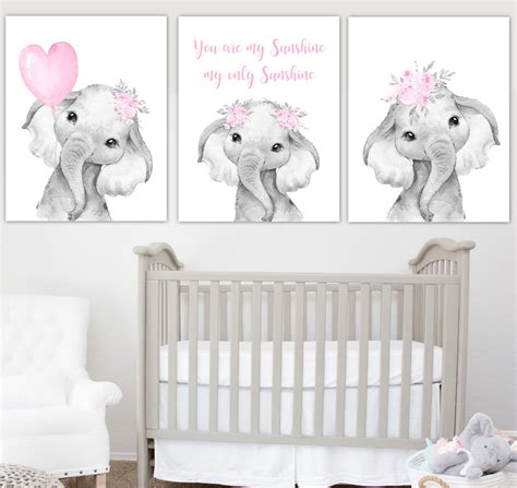Pink Baby Girl Nursery Art Elephant With Balloons
