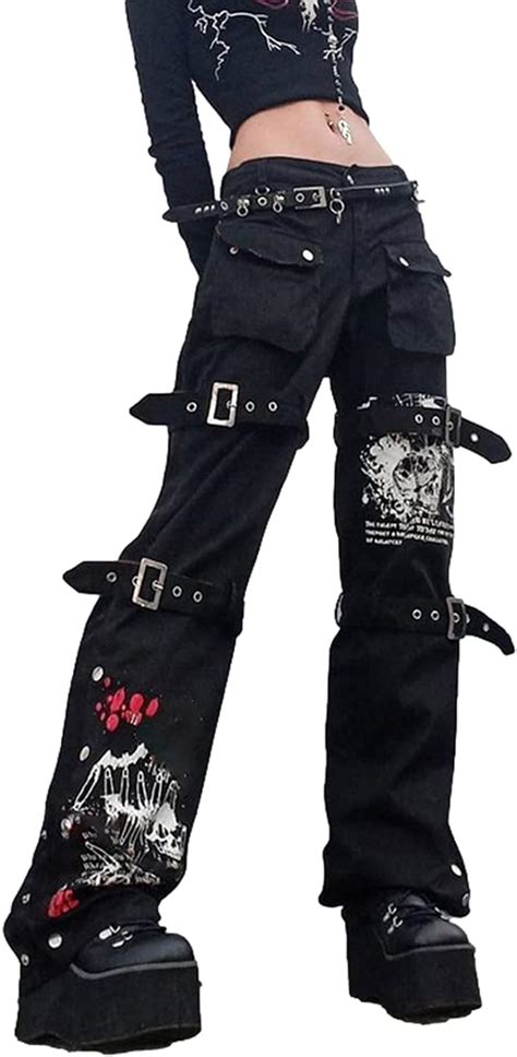 Ynocfri Women Harajuku Goth Pants Wide Leg Low Rise Baggy Pants Grunge Gothic Cargo Pants With