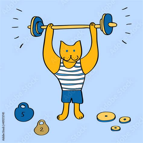 Funny Cartoon Bodybuilder Cat On Blue Vector Illustration Imagens E