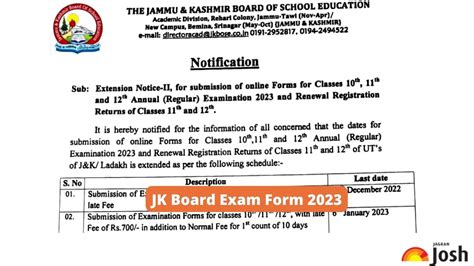 Jk Board Exam 2023 Jkbose Extended Deadline To Fill Class 10 11 12