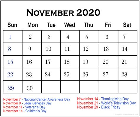 Our Printable Calendar Holiday Calendar November Calendar Printable