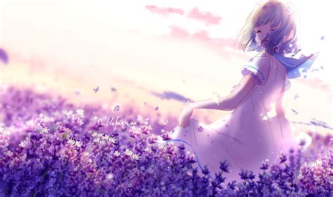 Female Anime Character Anime Girl Lavender Flowers Purple Hd