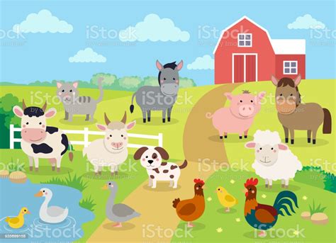 Farm Animals With Landscape Cute Cartoon Vector