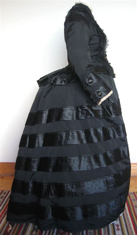 Lovely Antique Victorian Labeled Black Silk Lace Mourning Bustle Dress