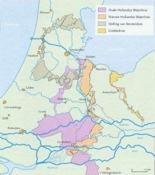 Schoolplaat aan de hollandse waterlinie, 1672 is gemaakt door j.hoynck van papendrecht. De paarse gebieden vormden de Hollandse waterlinie in het ...