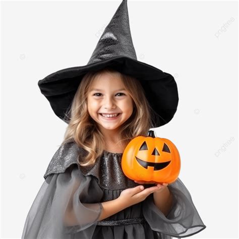 menina feliz sorridente fantasiada de bruxa se preparando para festa de halloween em casa png