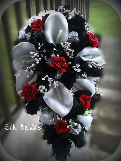 Bridal Bouquet Silk Wedding Flowers Black Red White Silver Etsy In