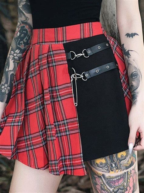 Gothic Punk Skirts Women Red Plaid Pleated Ball Gown High Waist