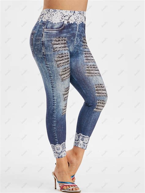 30 OFF 2021 Plus Size 3D Lace Ripped Jean Print Ninth Jeggings In