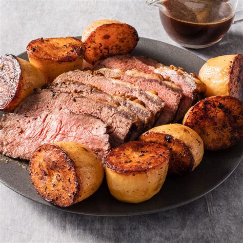 Prep a large baking dish or smaller sheet pan with a spray of pam. America's Test Kitchen Beef Top Loin Roast with Potatoes ...