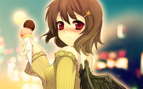 Wallpaper 1920x1200 Px Anime Girls Brunette Ice Cream Red Eyes Short Hair Wings