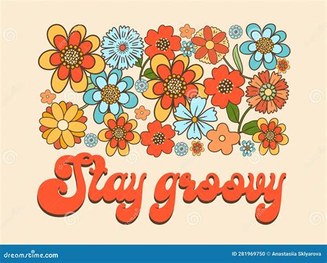 Floral Composition Of Groovy Retro Flowers Hippie Concept Stock Vector