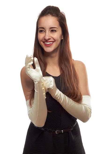 Glamorous Gala Satin Opera Length Gloves With Pearlized Buttons