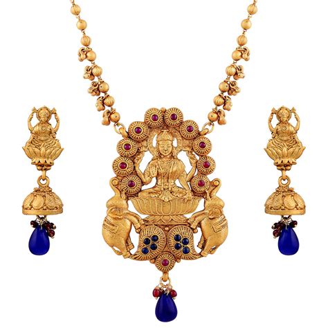 buy asmitta finely round shape temple with laxmi pandent gold plated matinee style necklace set