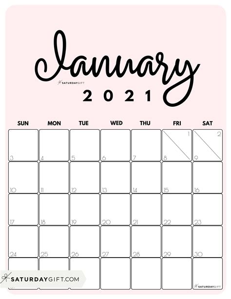 Cute And Free Printable January 2021 Calendar Saturdayt Monthly
