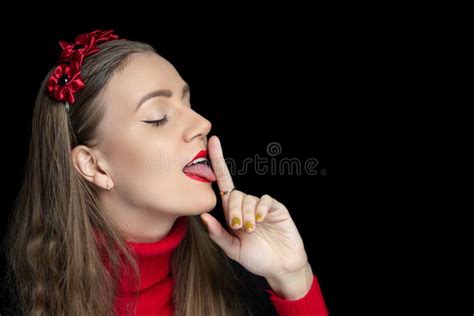 Beautiful Girl Sexually Licks Her Long Finger Stock Image Image Of Female Makeup 135864467