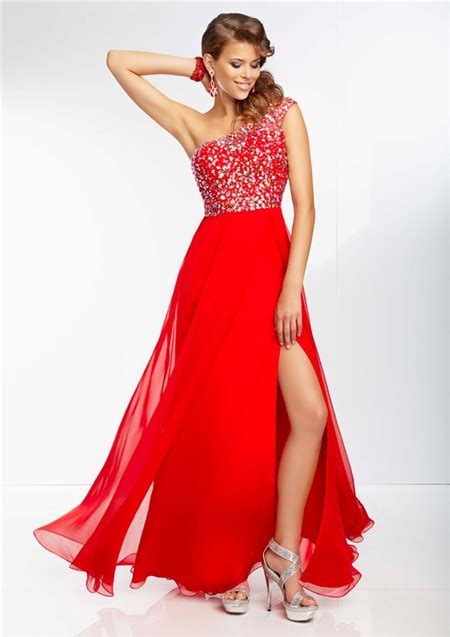 A Line One Shoulder Sheer Back Flowing Long Red Chiffon Beaded Prom