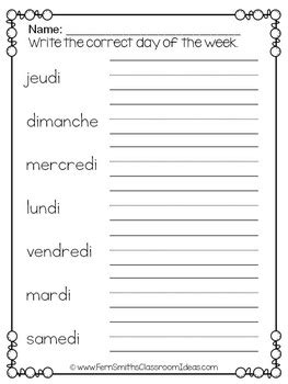 French Days of the Week Pocket Chart Cards and Worksheets Français Pink