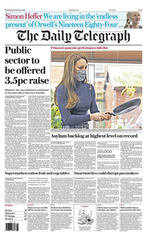 Daily Telegraph Front Page 22nd Of February 2023 Tomorrows Papers Today
