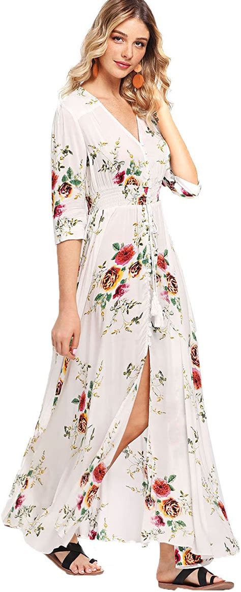 milumia women s button up split floral print flowy party maxi dress white ebay